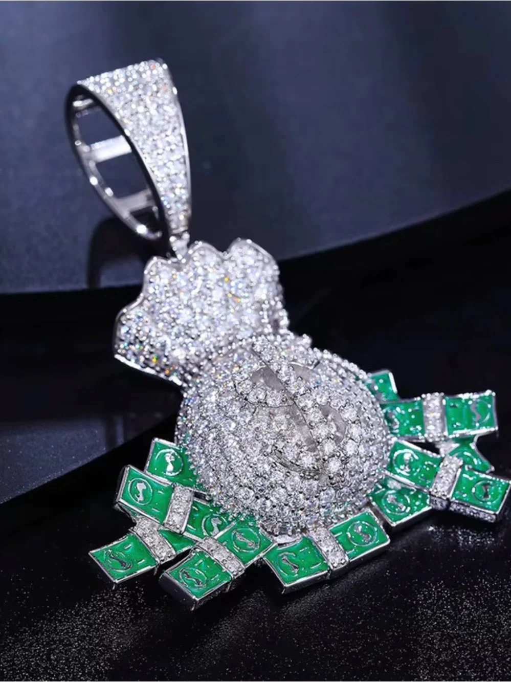 Luxury Moissanite Money Bag Pendant Necklace with Green Accents